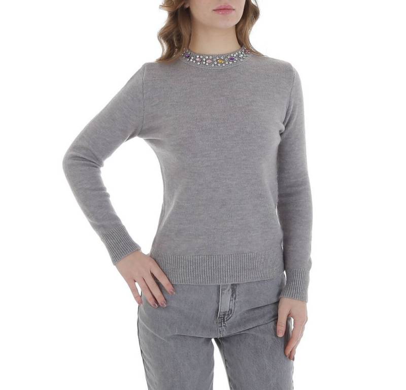 Ital-Design Strickpullover Damen Freizeit (88578847) Strass Stretch Strickpullover in Grau von Ital-Design