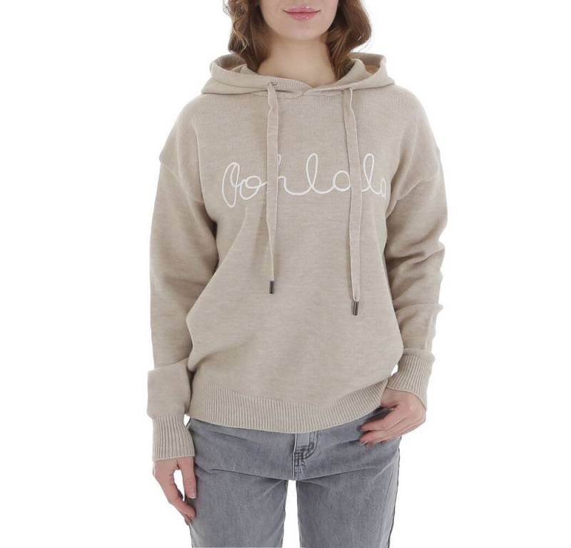 Ital-Design Strickpullover Damen Freizeit (88578894) Kapuze Textprint Stretch Strickpullover in Beige von Ital-Design