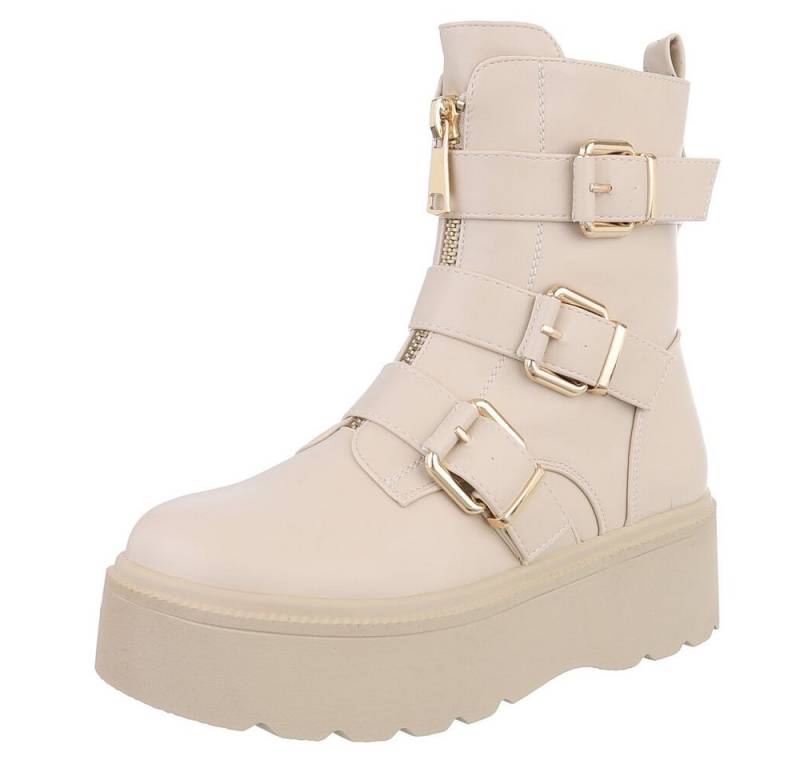 Ital-Design Trendige Boots mit Plateau und Schnallen für Damen Plateaustiefelette (90514869) Flach Stiefeletten in Beige von Ital-Design