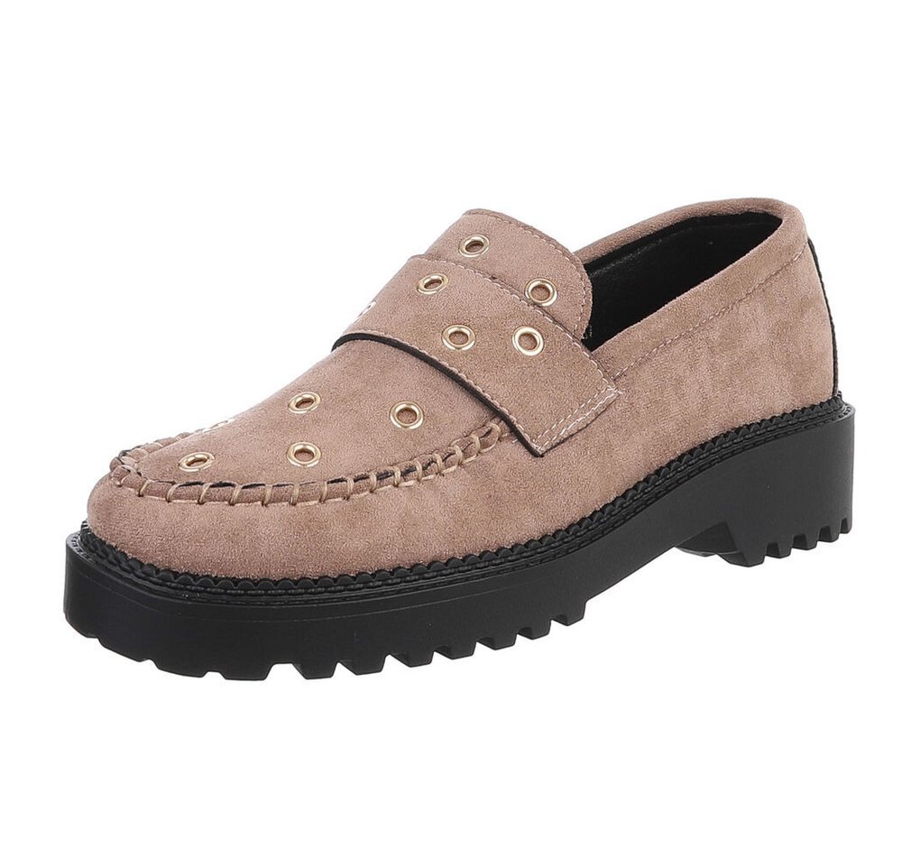 Ital-Design Trendige Loafers mit Metallösen für Damen Slipper (90793401) Blockabsatz Mokassins in Hellbraun von Ital-Design