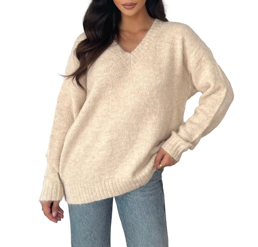 Ital-Design V-Ausschnitt-Pullover V-Ausschnitt Pullover für Damen – Komfort & Stil für jeden Tag (90763965) Stretch Strickpullover in Beige von Ital-Design