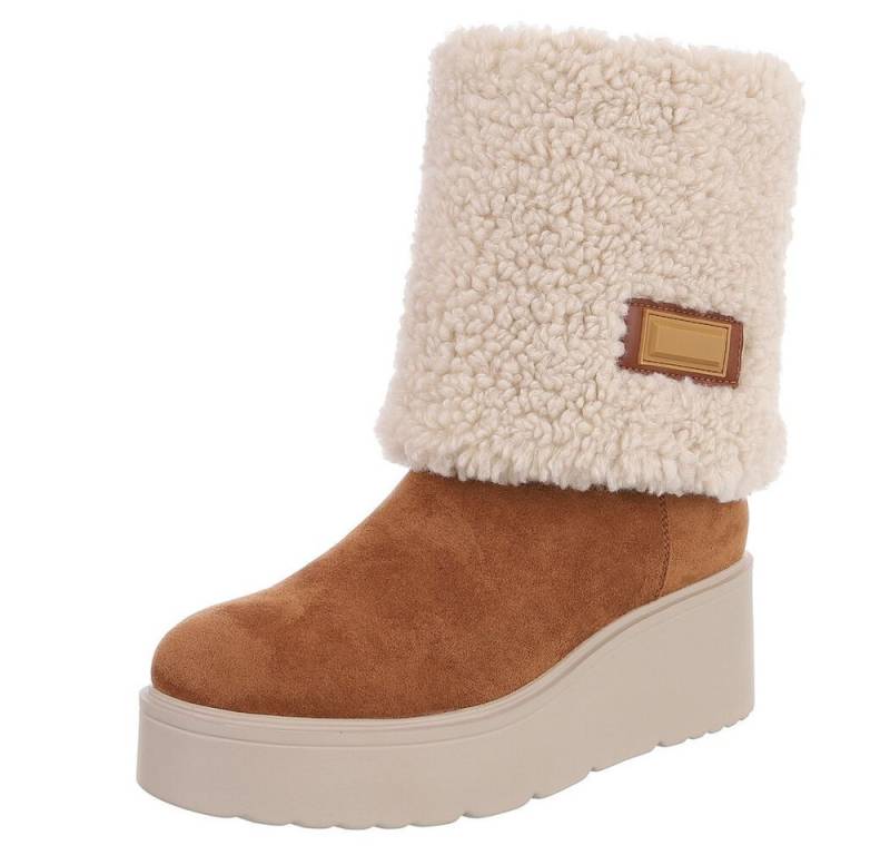 Ital-Design Wärmende Plateau-Stiefel mit flauschigem Schaft für Damen Plateaustiefelette (90851752) Keilabsatz/Wedge Stiefeletten in Camel von Ital-Design