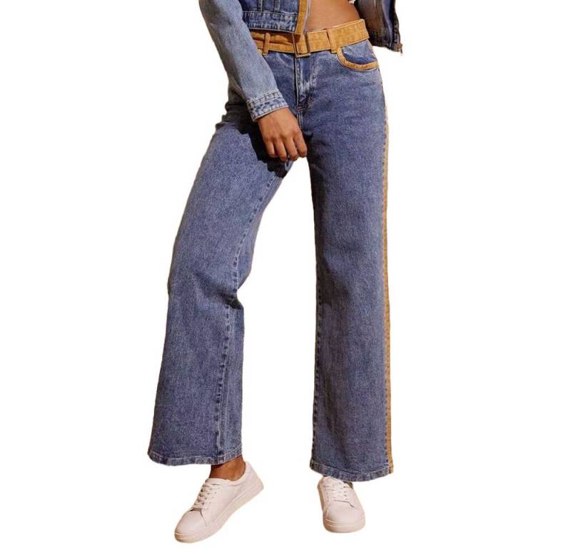 Ital-Design Weite Jeans Damen Jeans mit weitem Schnitt und hohem Bund (90552451) Used-Look Stretch High Waist Jeans in Blau von Ital-Design