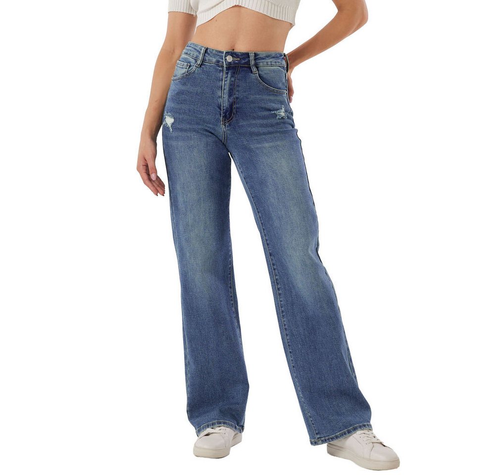 Ital-Design Weite Jeans Lässige Damenjeans mit modernem Schnitt und Komfort (90861204) Destroyed-Look Stretch High Waist Jeans in Blau von Ital-Design