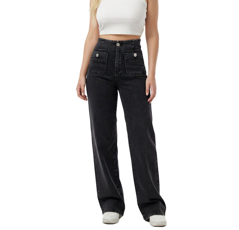 Ital-Design Weite Jeans Moderne Damen Jeans mit lockerer Passform und Taschen (90861172) Used-Look Stretch High Waist Jeans in Schwarz von Ital-Design