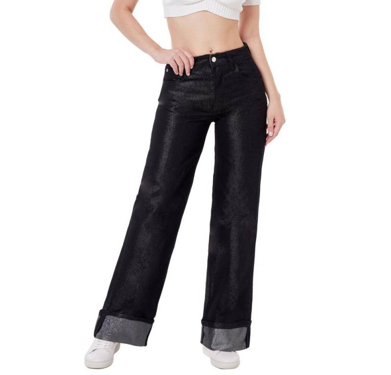 Ital-Design Weite Jeans Moderne Damen Jeans weit geschnitten für Freizeit & Alltag (90552442) Glänzend High Waist Jeans in Schwarz von Ital-Design