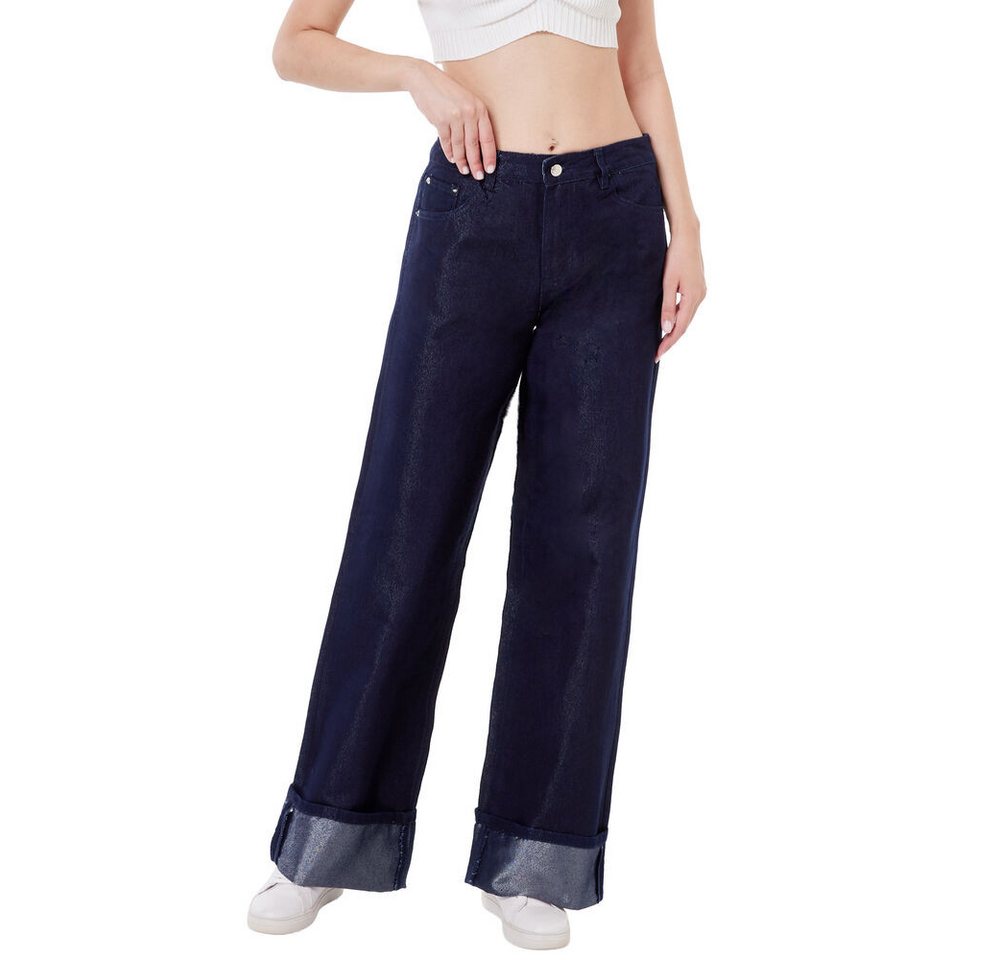 Ital-Design Weite Jeans Moderne Damen Jeans weit geschnitten für Freizeit & Alltag (90552449) Glänzend High Waist Jeans in Dunkelblau von Ital-Design