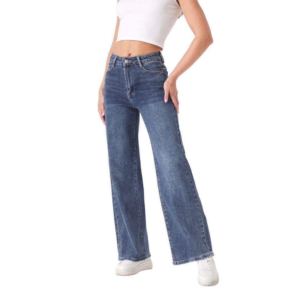 Ital-Design Weite Jeans Weite Damenjeans mit Hochbund und stylischen Details (90727776) Used-Look Stretch High Waist Jeans in Blau von Ital-Design