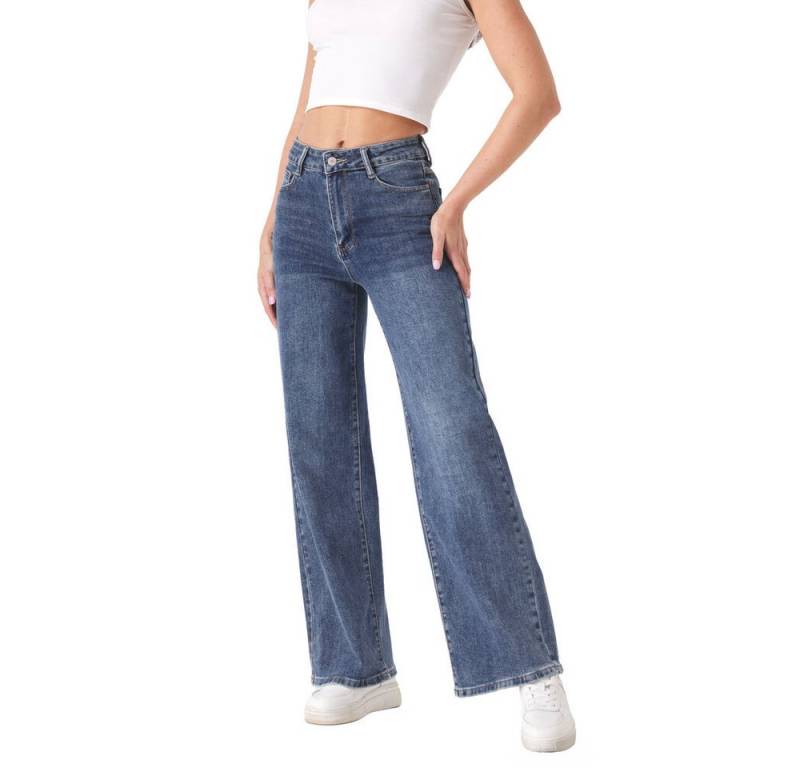 Ital-Design Weite Jeans Weite Damenjeans mit Hochbund und stylischen Details (90727776) Used-Look Stretch High Waist Jeans in Blau von Ital-Design