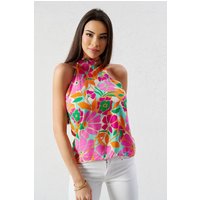 Flower Printed Turtle-Neck A-Form Bluse Shirt Ärmellos von Italia Moda