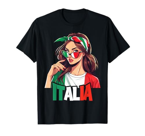 Italia Nationalstolz - Mädchen T-Shirt Schwarz S Klassisch V-Ausschnitt Cartoon-Muster (Italienische Flagge) Kurzarm von Italia Nationalstolz Länder & Italienisch Geschenk