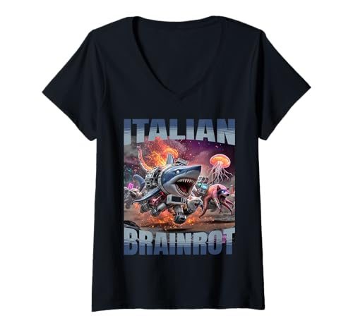 Damen Lustiges italienisches Gehirnrot Trendy Virale KI Tiere Humor Meme T-Shirt mit V-Ausschnitt von Italian Brainrot AI Generate Characters Tees Gifts