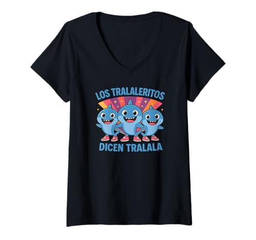 Damen Italienischer Brainrot La Tralaleritos Dicen Tralala Hai T-Shirt mit V-Ausschnitt von Italian Brainrot Apparel Co