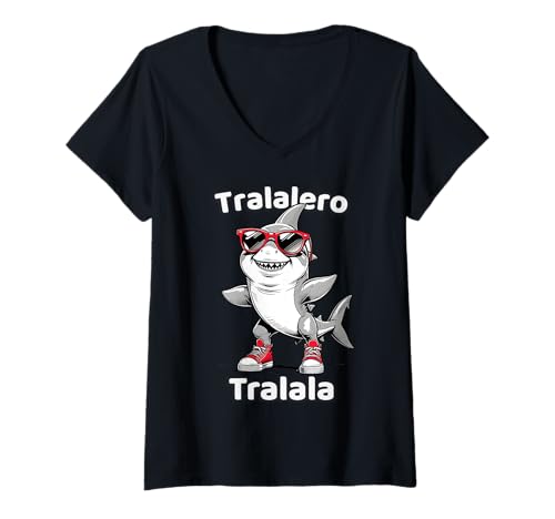 Damen Tralalero Tralala Funny Shark Sneaker tragen Meme Gen Alpha T-Shirt mit V-Ausschnitt von Italian Brainrot Characters for Youth Boys Kids