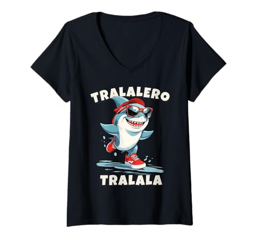 Damen Lustiger Shark Sneaker mit Meme Gen Alpha Tralalero Tralala T-Shirt mit V-Ausschnitt von Italian Brainrot Characters for Youth Boys Teens