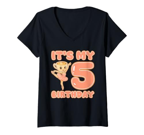 Damen Es ist Mein 5. Geburtstag Mädchen Ballerina Cappuccina Cappuccino T-Shirt mit V-Ausschnitt Damen Es ist Mein 5. Geburtstag Mädchen Ballerina Cappuccina Cappuccino T-Shirt mit V-Ausschnitt von Italian Brainrot Gen Z Humor Meme Women Youth Kids