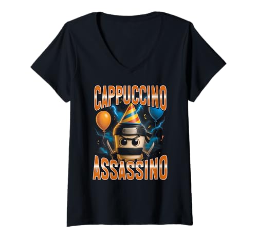 Damen Surreales Italian Brainrot Cappuccino Assassino Geburtstag T-Shirt mit V-Ausschnitt Damen Surreales Italian Brainrot Cappuccino Assassino Geburtstag T-Shirt mit V-Ausschnitt von Italian Brainrot Lustig Viral Alpha Meme