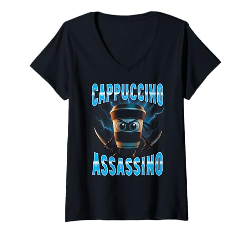 Damen Surreales Italian Brainrot Cappuccino Assassino Meme T-Shirt mit V-Ausschnitt von Italian Brainrot Lustig Viral Alpha Meme