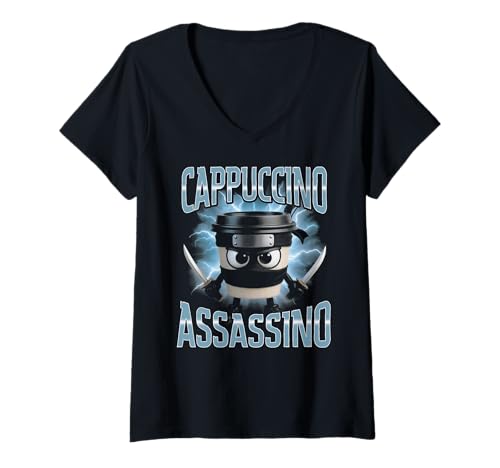 Damen Surreales Italian Brainrot Cappuccino Assassino Meme T-Shirt mit V-Ausschnitt Damen Surreales Italian Brainrot Cappuccino Assassino Meme T-Shirt mit V-Ausschnitt von Italian Brainrot Lustig Viral Alpha Meme