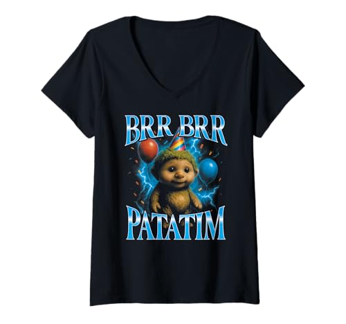 Damen Italian Brainrot Meme BRR BRR Patatim Lustiges Geburtstag T-Shirt mit V-Ausschnitt von Italian Brainrot Lustige Virale KI Meme Motive