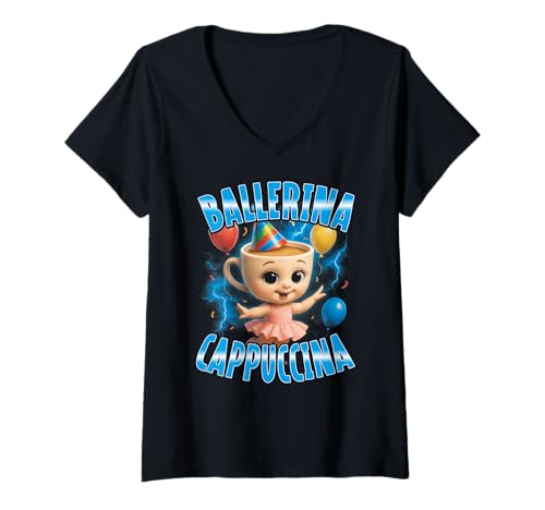 Damen Italian Brainrot Meme Ballerina Cappuccina Geburtstag T-Shirt mit V-Ausschnitt von Italian Brainrot Lustige Virale KI Meme Motive