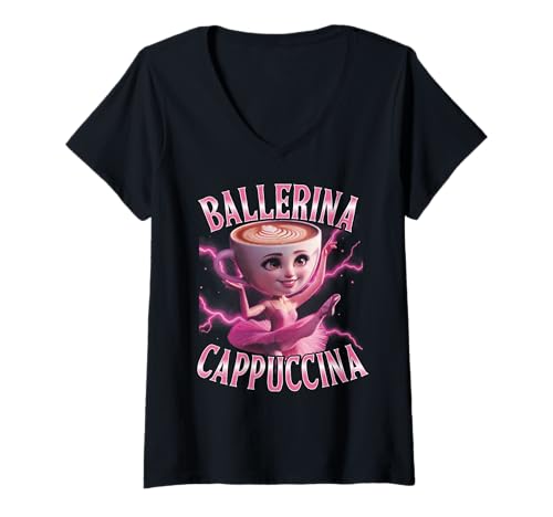 Damen Italian Brainrot Meme Ballerina Cappuccina Lustiges T-Shirt mit V-Ausschnitt von Italian Brainrot Lustige Virale KI Meme Motive