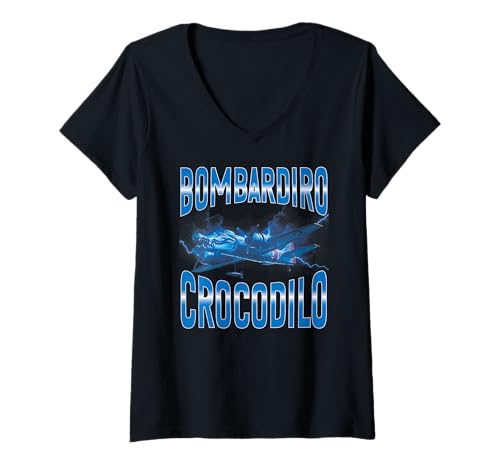 Damen Italian Brainrot Meme Bombardiro Crocodilo Lustiges T-Shirt mit V-Ausschnitt von Italian Brainrot Lustige Virale KI Meme Motive