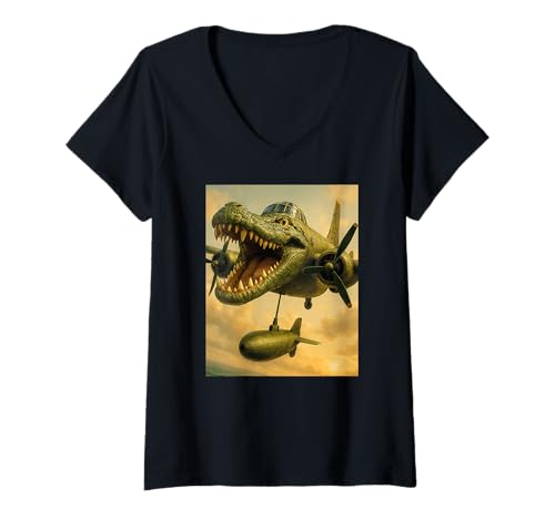 Damen Italian Brainrot Meme Bombardiro Crocodilo Lustiges T-Shirt mit V-Ausschnitt von Italian Brainrot Lustige Virale KI Meme Motive