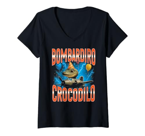 Damen Italian Brainrot Meme Bombardiro Crocodilo Lustiges T-Shirt mit V-Ausschnitt von Italian Brainrot Lustige Virale KI Meme Motive