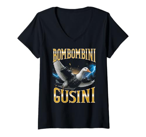 Damen Italian Brainrot Meme Bombombini Gusini Lustiges T-Shirt mit V-Ausschnitt von Italian Brainrot Lustige Virale KI Meme Motive