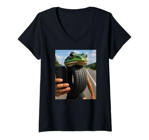 Damen Italian Brainrot Meme Boneca Ambalabu Frosch Lustiges Selfie T-Shirt mit V-Ausschnitt von Italian Brainrot Lustige Virale KI Meme Motive