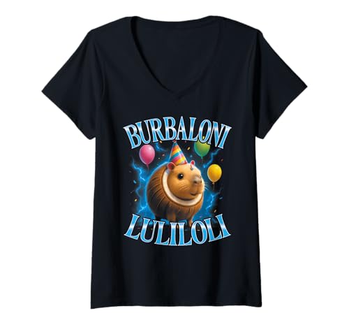 Damen Italian Brainrot Meme Burbaloni Luliloli Lustiges Geburtstag T-Shirt mit V-Ausschnitt von Italian Brainrot Lustige Virale KI Meme Motive