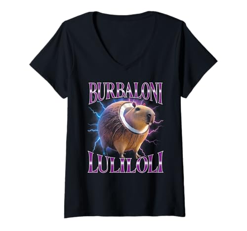 Damen Italian Brainrot Meme Burbaloni Luliloli Lustiges T-Shirt mit V-Ausschnitt von Italian Brainrot Lustige Virale KI Meme Motive