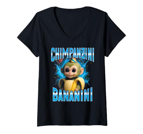 Damen Italian Brainrot Meme Chimpanzini Bananini Geburtstag T-Shirt mit V-Ausschnitt von Italian Brainrot Lustige Virale KI Meme Motive