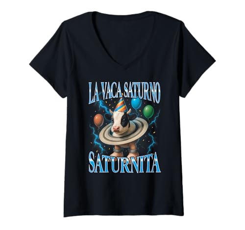 Damen Italian Brainrot Meme La Vaca Saturno Saturnita Geburtstag T-Shirt mit V-Ausschnitt von Italian Brainrot Lustige Virale KI Meme Motive