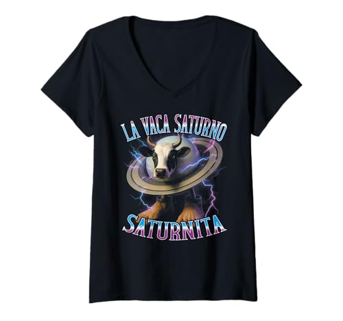 Damen Italian Brainrot Meme La Vaca Saturno Saturnita Lustiges T-Shirt mit V-Ausschnitt von Italian Brainrot Lustige Virale KI Meme Motive