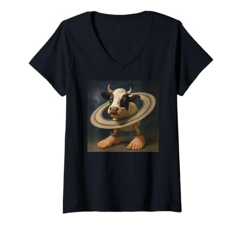 Damen Italian Brainrot Meme La Vaca Saturno Saturnita Selfie T-Shirt mit V-Ausschnitt von Italian Brainrot Lustige Virale KI Meme Motive