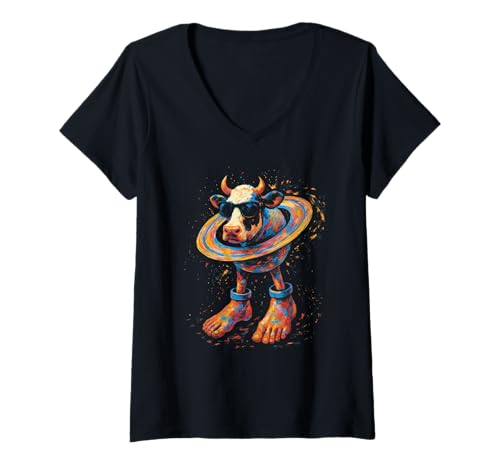 Damen Italian Brainrot Meme La Vaca Saturno Saturnita Watercolor T-Shirt mit V-Ausschnitt von Italian Brainrot Lustige Virale KI Meme Motive