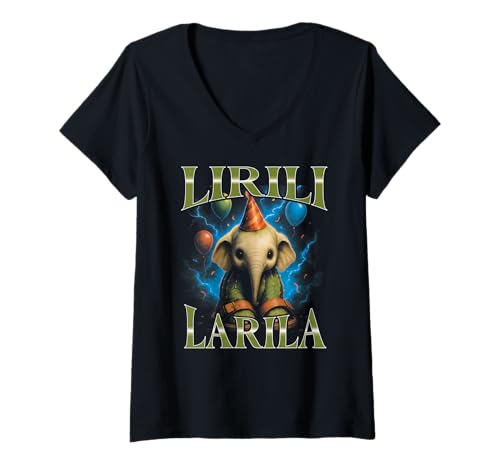 Damen Italian Brainrot Meme Lirili Larila Elefant Geburtstag T-Shirt mit V-Ausschnitt von Italian Brainrot Lustige Virale KI Meme Motive