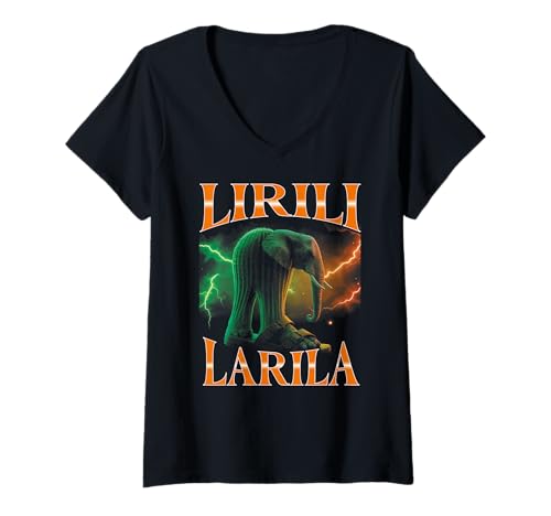 Damen Italian Brainrot Meme Lirili Larila Elefant Lustiges T-Shirt mit V-Ausschnitt von Italian Brainrot Lustige Virale KI Meme Motive