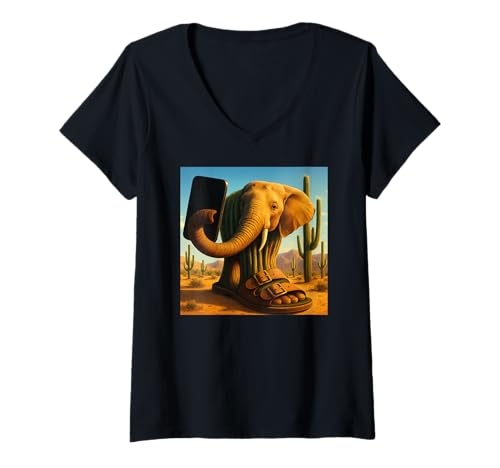 Damen Italian Brainrot Meme Lirili Larila Elefant Selfie Lustiges T-Shirt mit V-Ausschnitt von Italian Brainrot Lustige Virale KI Meme Motive