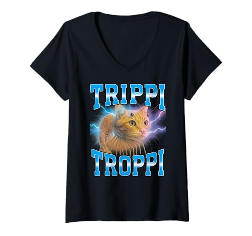 Damen Italian Brainrot Meme Trippi Troppi Katze Lustiges T-Shirt mit V-Ausschnitt von Italian Brainrot Lustige Virale KI Meme Motive