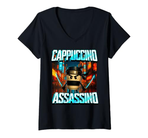Damen Cappuccino Assassino Brainrot Italienisches Meme T-Shirt mit V-Ausschnitt Damen Cappuccino Assassino Brainrot Italienisches Meme T-Shirt mit V-Ausschnitt von Italian Brainrot Meme