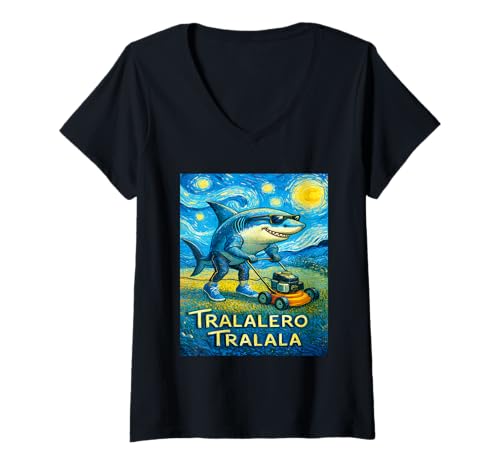 Damen Sternennachthai - Tralalero Tralala Funny Van Gogh Art T-Shirt mit V-Ausschnitt von Italian Brainrot Tralalero Tralala Funny Shark Tee