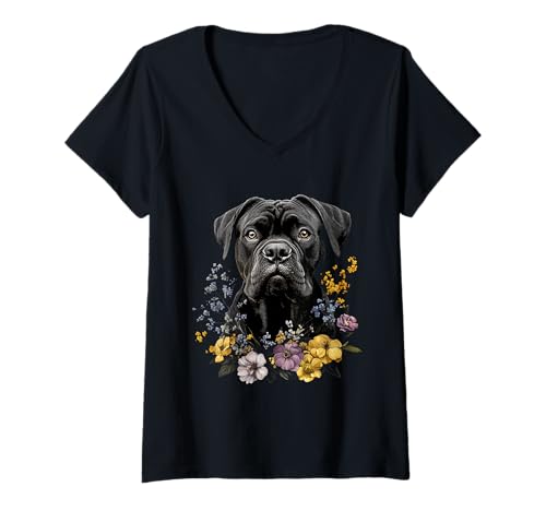 Damen Cane Corso Hund Wildblumen Tier T-Shirt mit V-Ausschnitt Damen Cane Corso Hund Wildblumen Tier T-Shirt mit V-Ausschnitt von Italian Cane Corso Dog