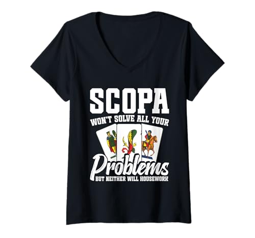 Damen Kartenspiel-Enthusiast Scopa Karten Spielerprobleme Scopa T-Shirt mit V-Ausschnitt Damen Kartenspiel-Enthusiast Scopa Karten Spielerprobleme Scopa T-Shirt mit V-Ausschnitt von Italian Card Game Illustration For Scopa Lover