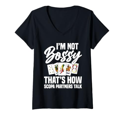 Damen Scopa Player Italienisches Kartenspiel Enthusiast Bossy Scopa T-Shirt mit V-Ausschnitt Damen Scopa Player Italienisches Kartenspiel Enthusiast Bossy Scopa T-Shirt mit V-Ausschnitt von Italian Card Game Illustration For Scopa Lover