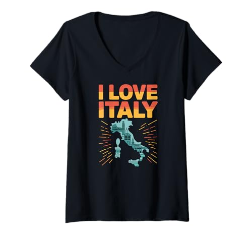 Damen I Love Italy Italienische Sehenswürdigkeiten Karte T-Shirt mit V-Ausschnitt Damen I Love Italy Italienische Sehenswürdigkeiten Karte T-Shirt mit V-Ausschnitt von Italian Culture Travel Heritage Scenic