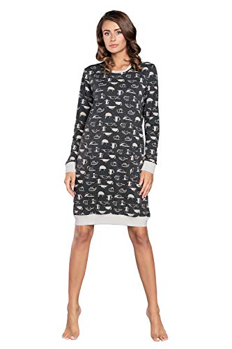 Italian Fashion IF Damen Nachthemd Nachtwäsche Nachtkleid Aus Baumwolle Rundhals Lässige Schlafhemd Sleepshirt Schlafanzug Damen Sleepwear Mit Vordertasche (L, Grau Ecru) von Italian Fashion IF