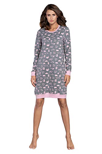 Italian Fashion IF Damen Nachthemd Nachtwäsche Nachtkleid Aus Baumwolle Rundhals Lässige Schlafhemd Sleepshirt Schlafanzug Damen Sleepwear Mit Vordertasche (S, Grau Rosa) von Italian Fashion IF